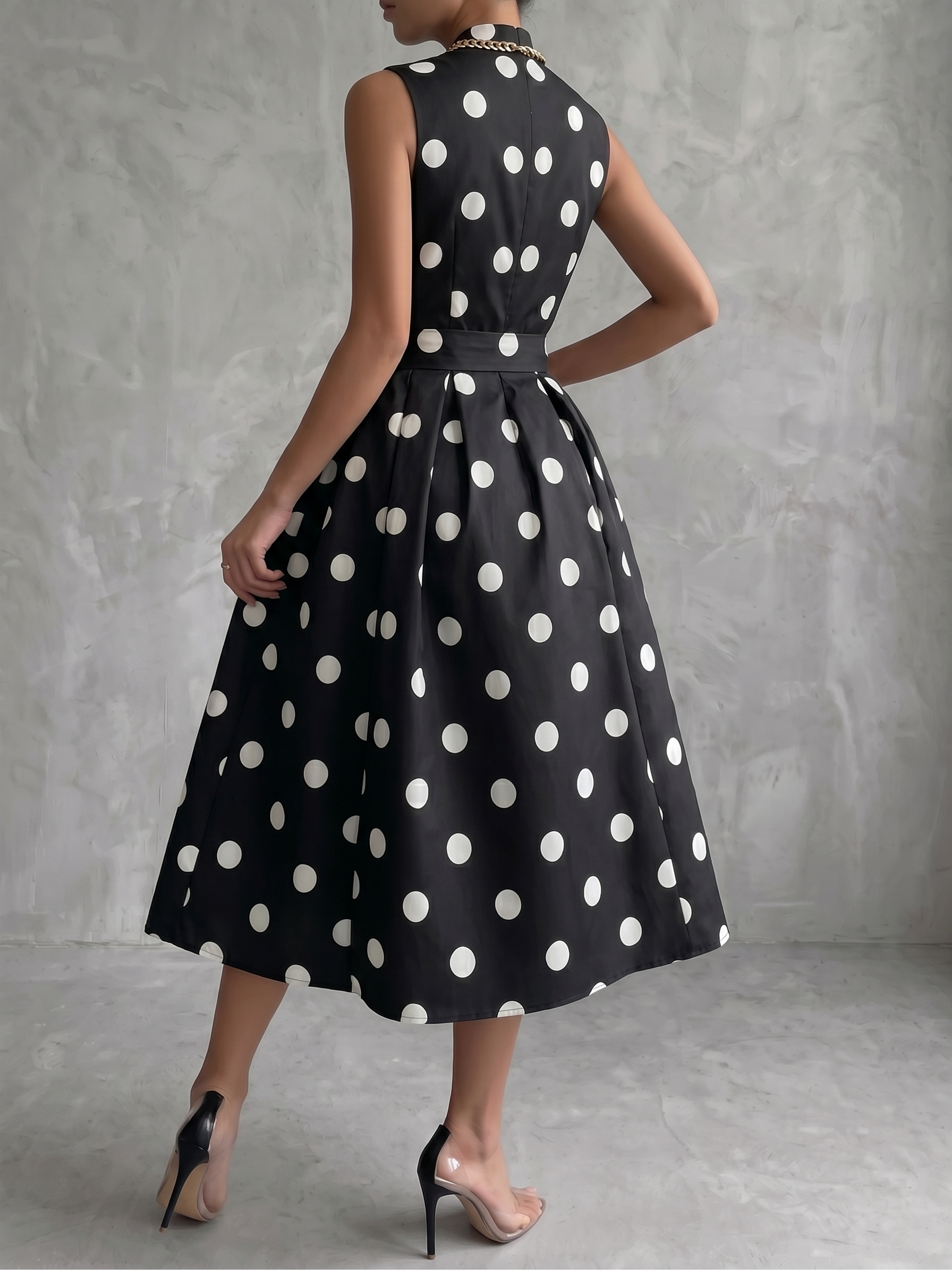 Retro French Lace-up Polka-dot Midi Dress