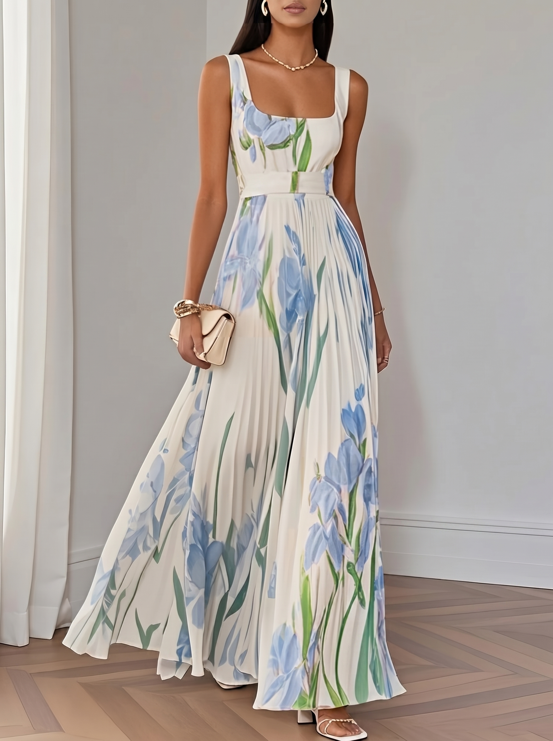 Elegant Floral Pattern Sleeveless Pleated Dress