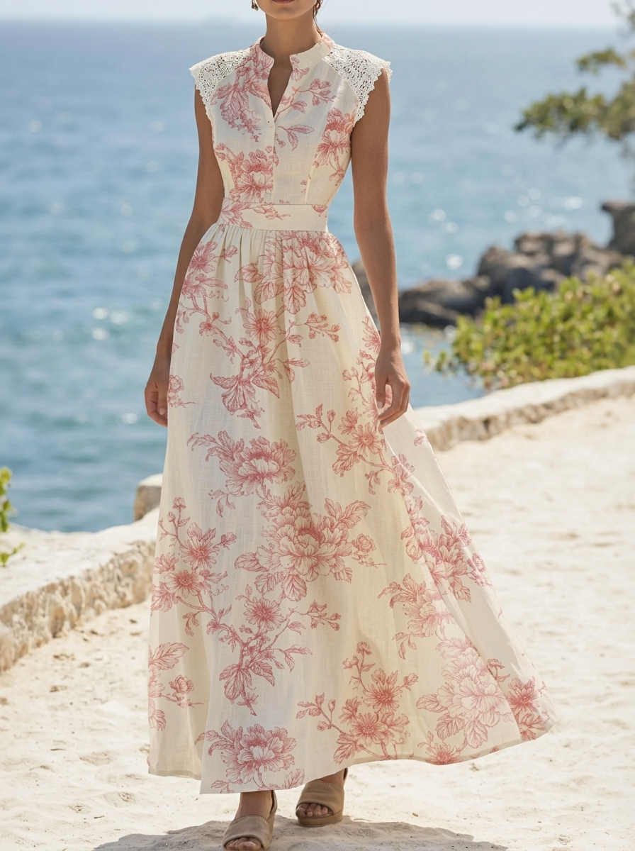 Elegant Short-sleeved Lace Patchwork Printed Dress