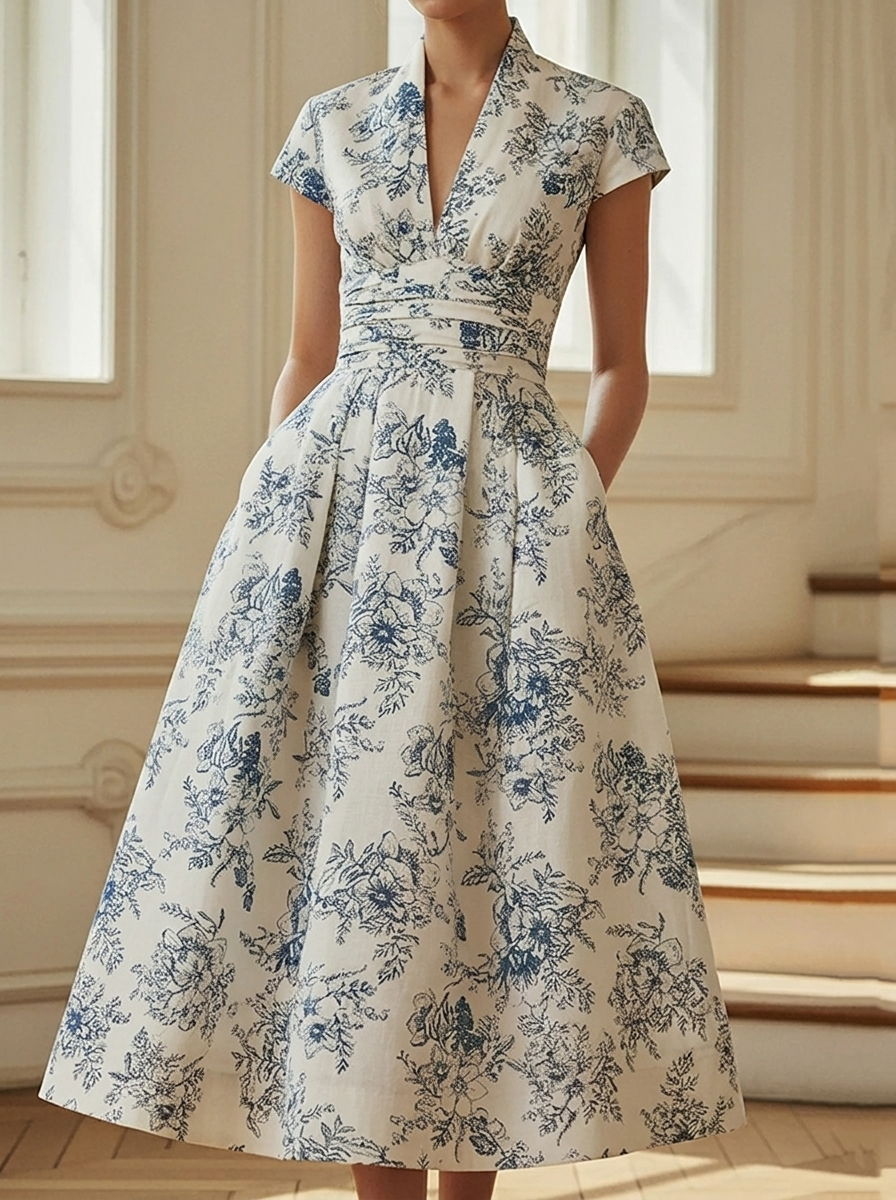 Vintage Floral V-neck Midi Linen Dress