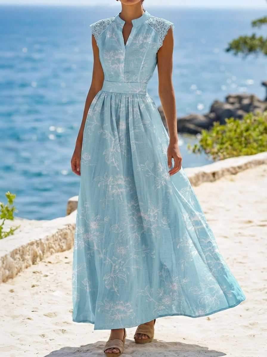 Elegant Short-sleeved Lace Patchwork Printed Dress