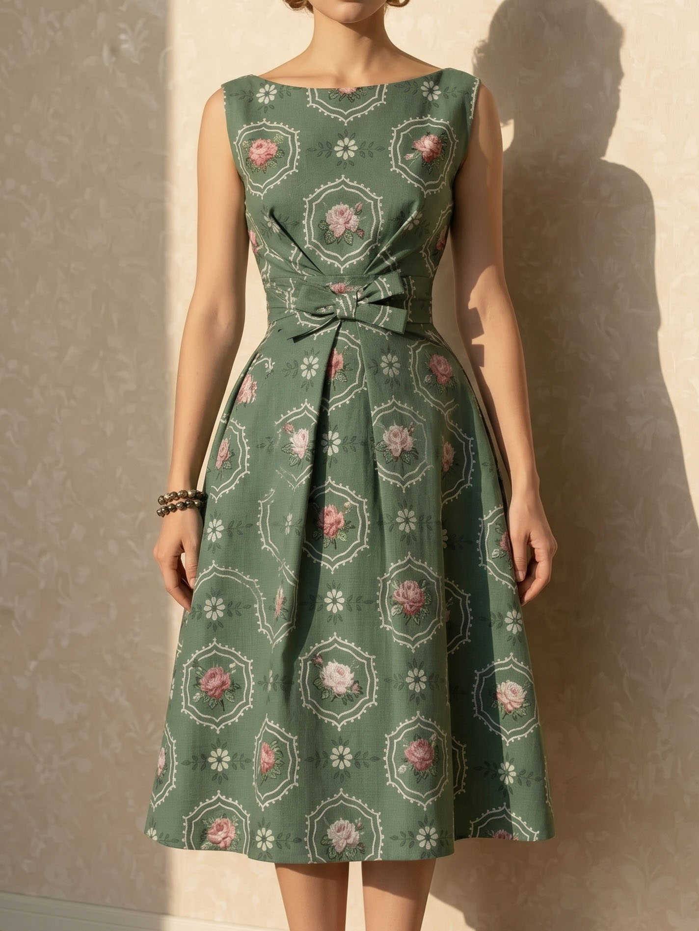 Retro Sleeveless Round Neck Floral Bow Midi Linen Dress