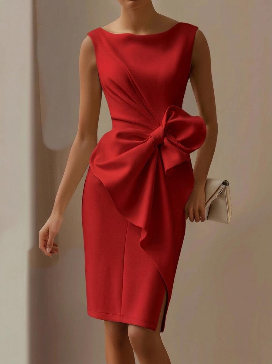Women's Fashion Bow Sleeveless Solid Color Midi Dress
