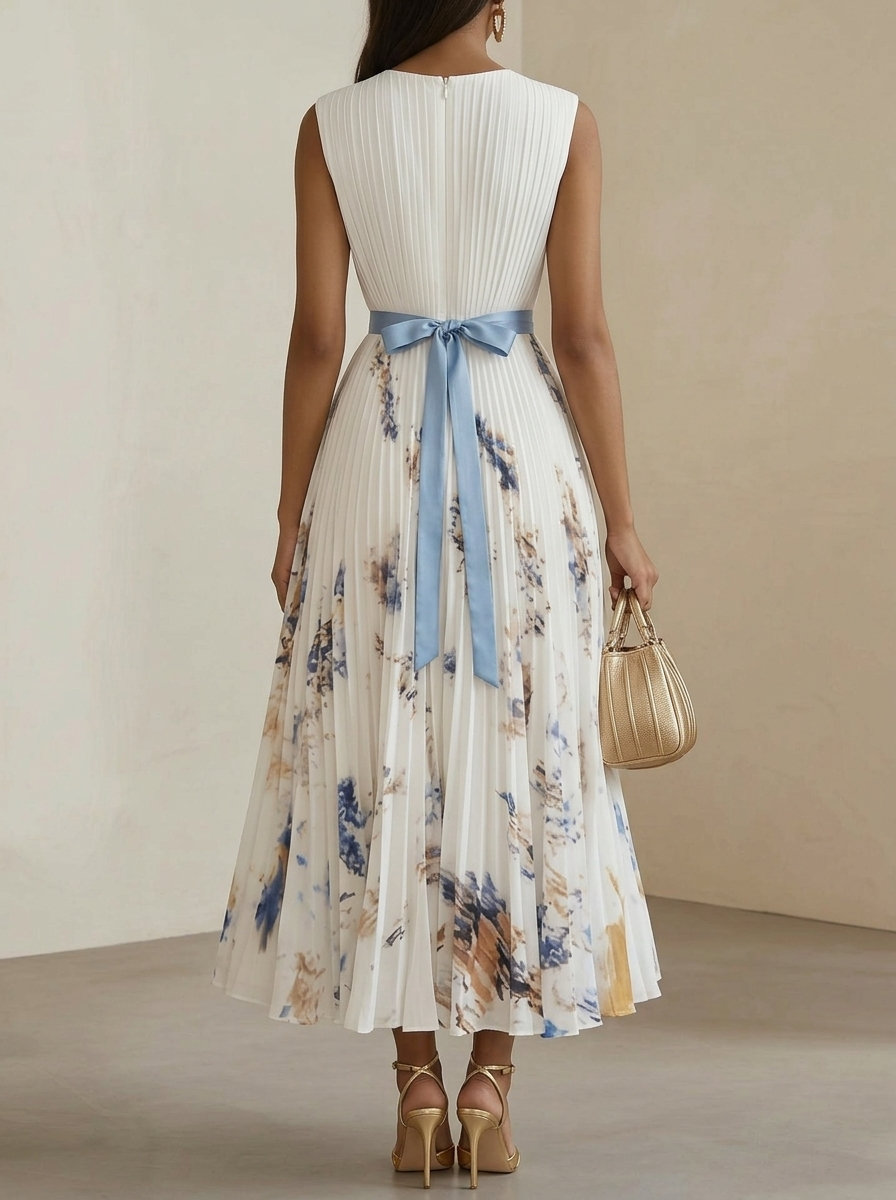 Women's Printed V-neck Sleeveless Fashion Pleated Dress