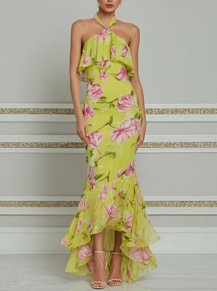 Elegant Floral Print Halter Neck And Asymmetrical Hem Maxi Dress