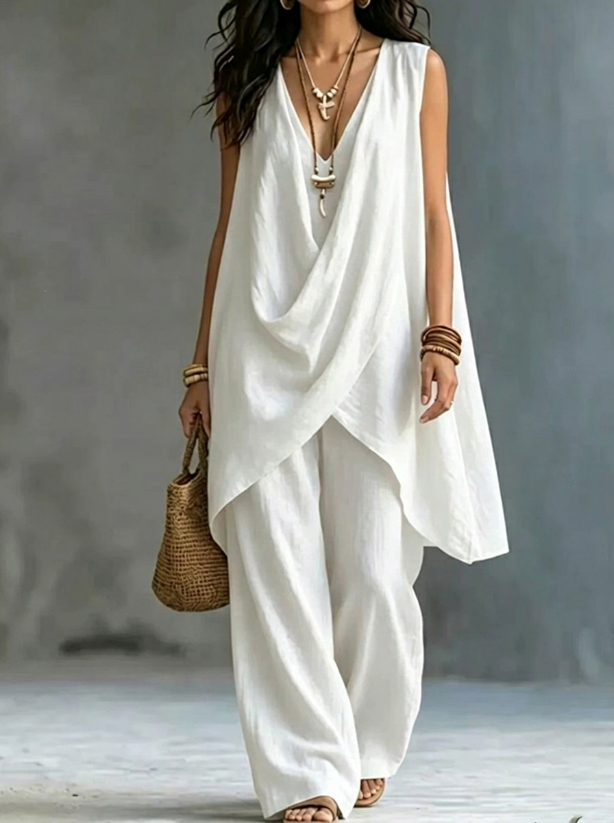 Solid Color Elegant V-neck Sleeveless Tank Top Two Piece Set