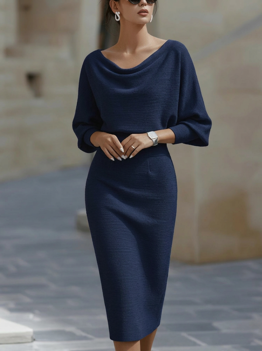 Elegant Temperament Fashionable Bat Sleeve Pure Color Waist-cinching Dress