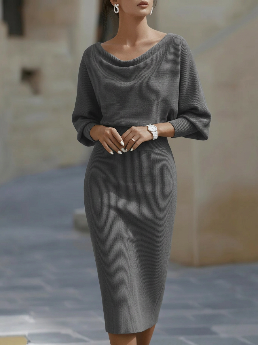 Elegant Temperament Fashionable Bat Sleeve Pure Color Waist-cinching Dress
