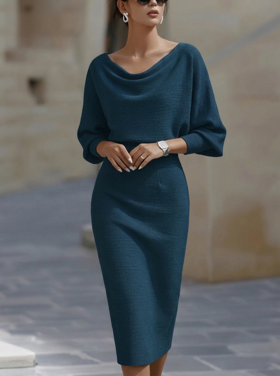 Elegant Temperament Fashionable Bat Sleeve Pure Color Waist-cinching Dress