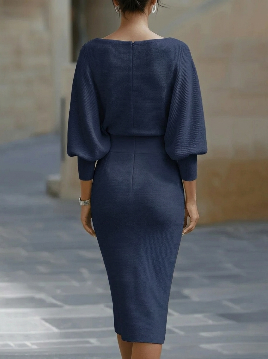 Elegant Temperament Fashionable Bat Sleeve Pure Color Waist-cinching Dress