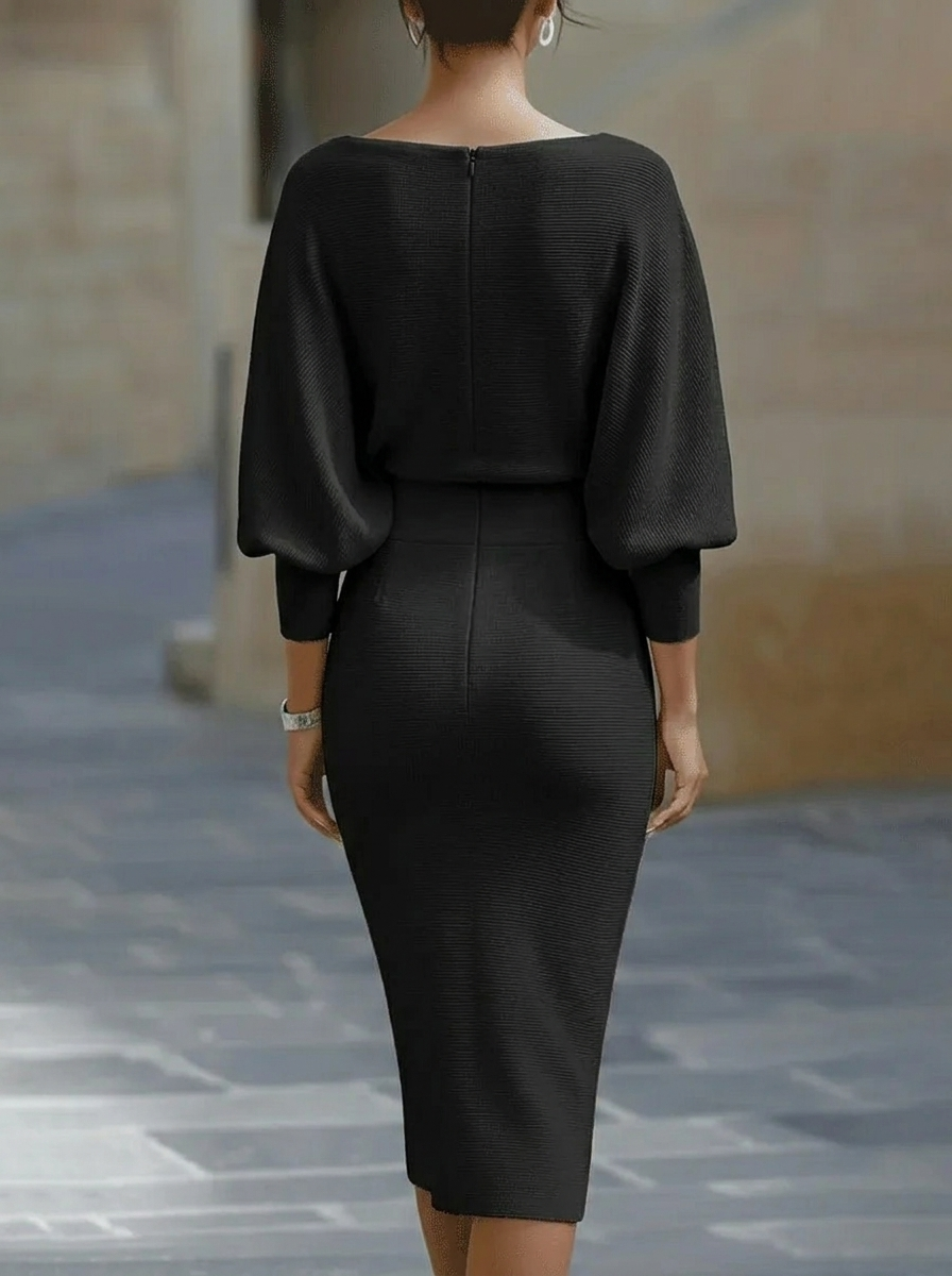 Elegant Temperament Fashionable Bat Sleeve Pure Color Waist-cinching Dress