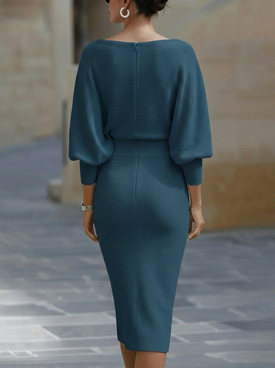 Elegant Temperament Fashionable Bat Sleeve Pure Color Waist-cinching Dress