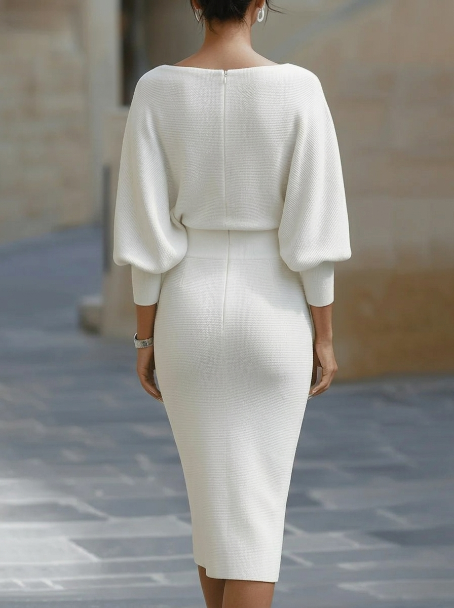 Elegant Temperament Fashionable Bat Sleeve Pure Color Waist-cinching Dress