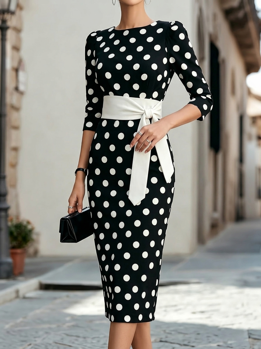 Retro Polka Dot Lace Up Waist Slim Fit Midi Dress