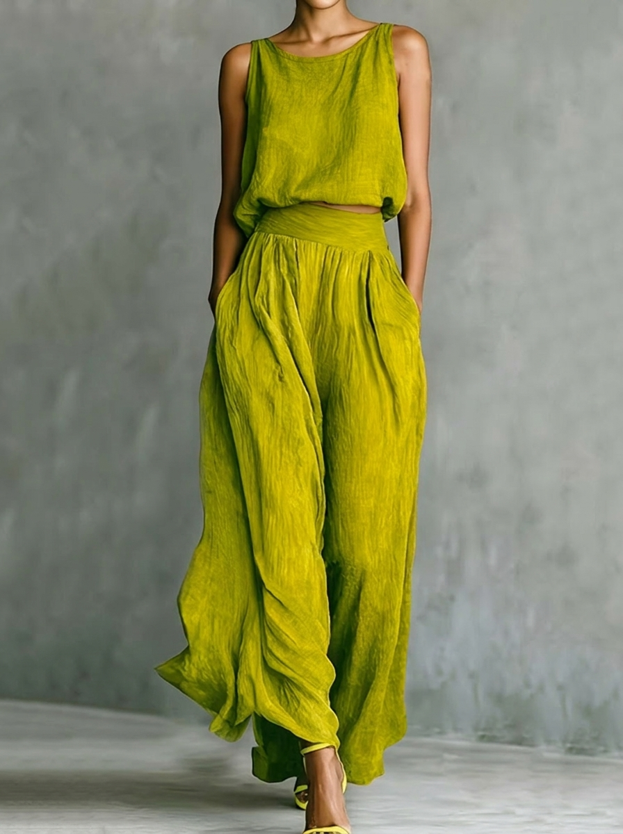 Casual Sleeveless Loose Round Neck Top Wide Leg Pants Two-piece Set
