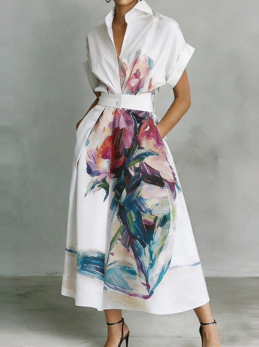Urban Floral Printing Shirt Collar Midi Dress