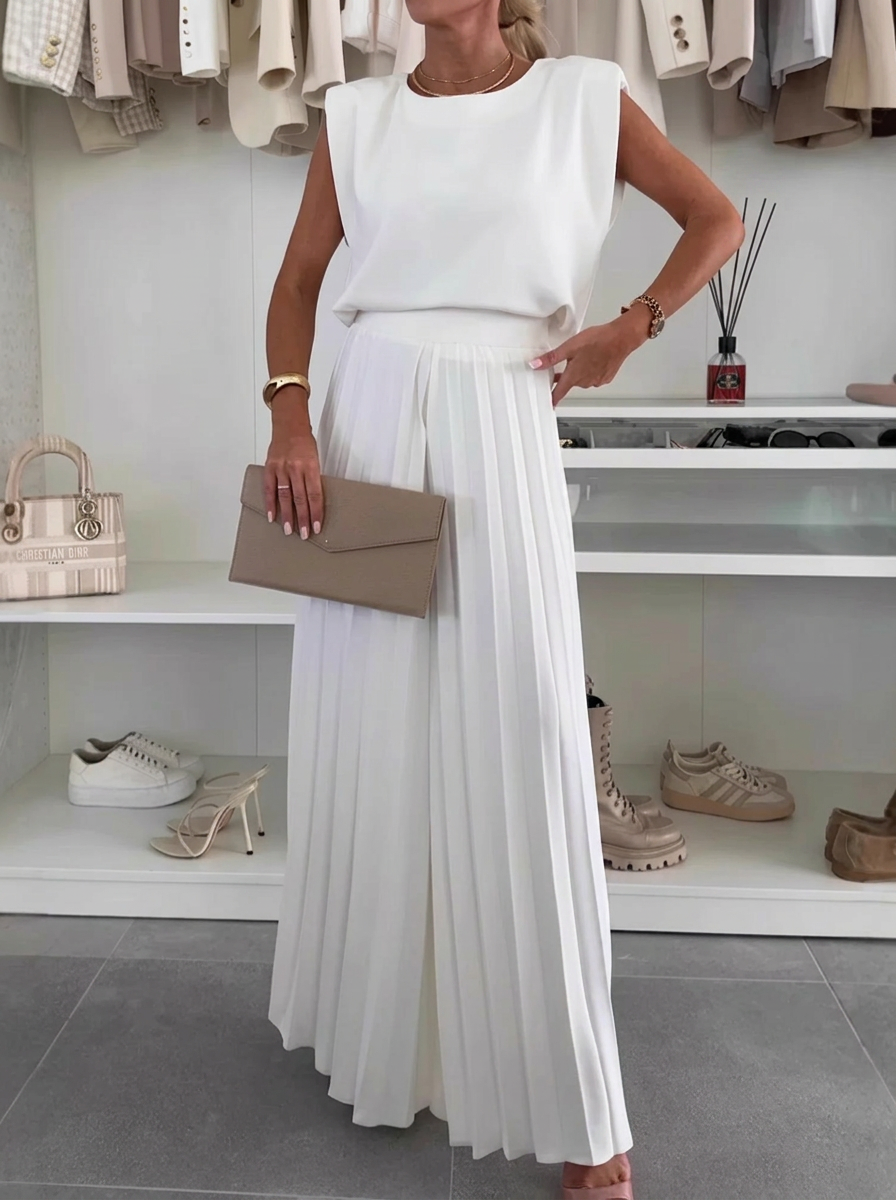 Elegant Round Neck Sleeveless Top And Pleated Wide-leg Pants Two Piece Set