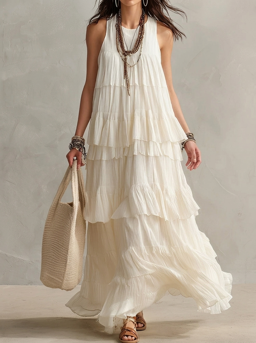 Elegant Solid Color Sleeveless Ruffled Maxi Dress