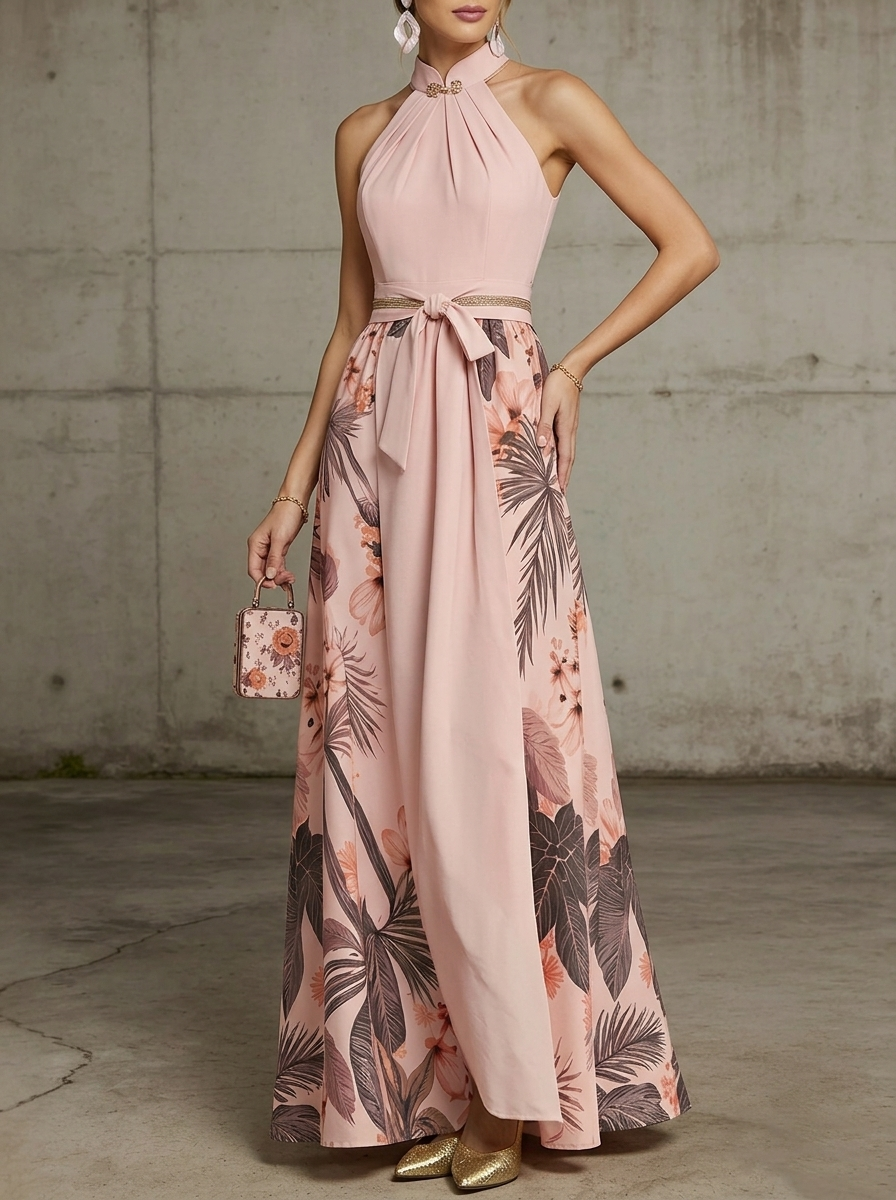 Sleeveless A-line Floral Halterneck Maxi Dress