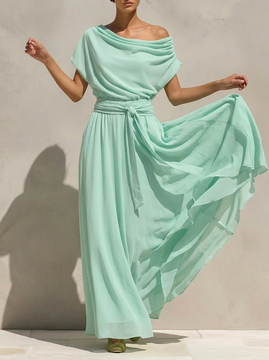 Short-sleeve Pleated Chiffon Waist-cinching Dress