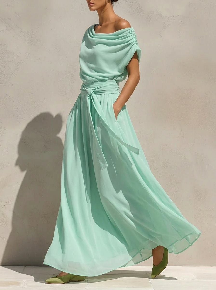 Short-sleeve Pleated Chiffon Waist-cinching Dress