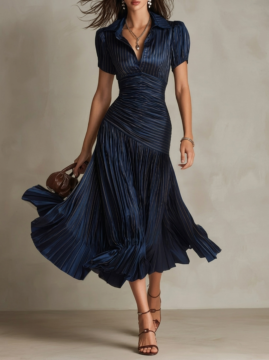 Elegant Striped V-neck Fitted Midi Dress