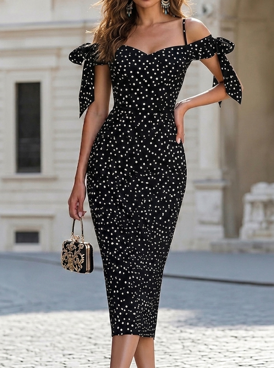 Elegant Polka Dot Fitted Midi Dress