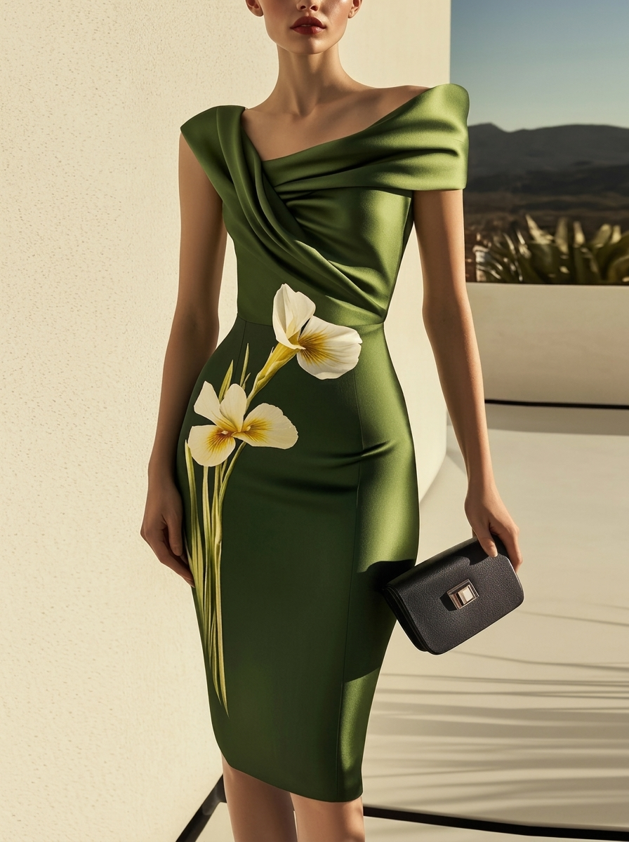 Elegant Floral Print Fitted Midi Dress
