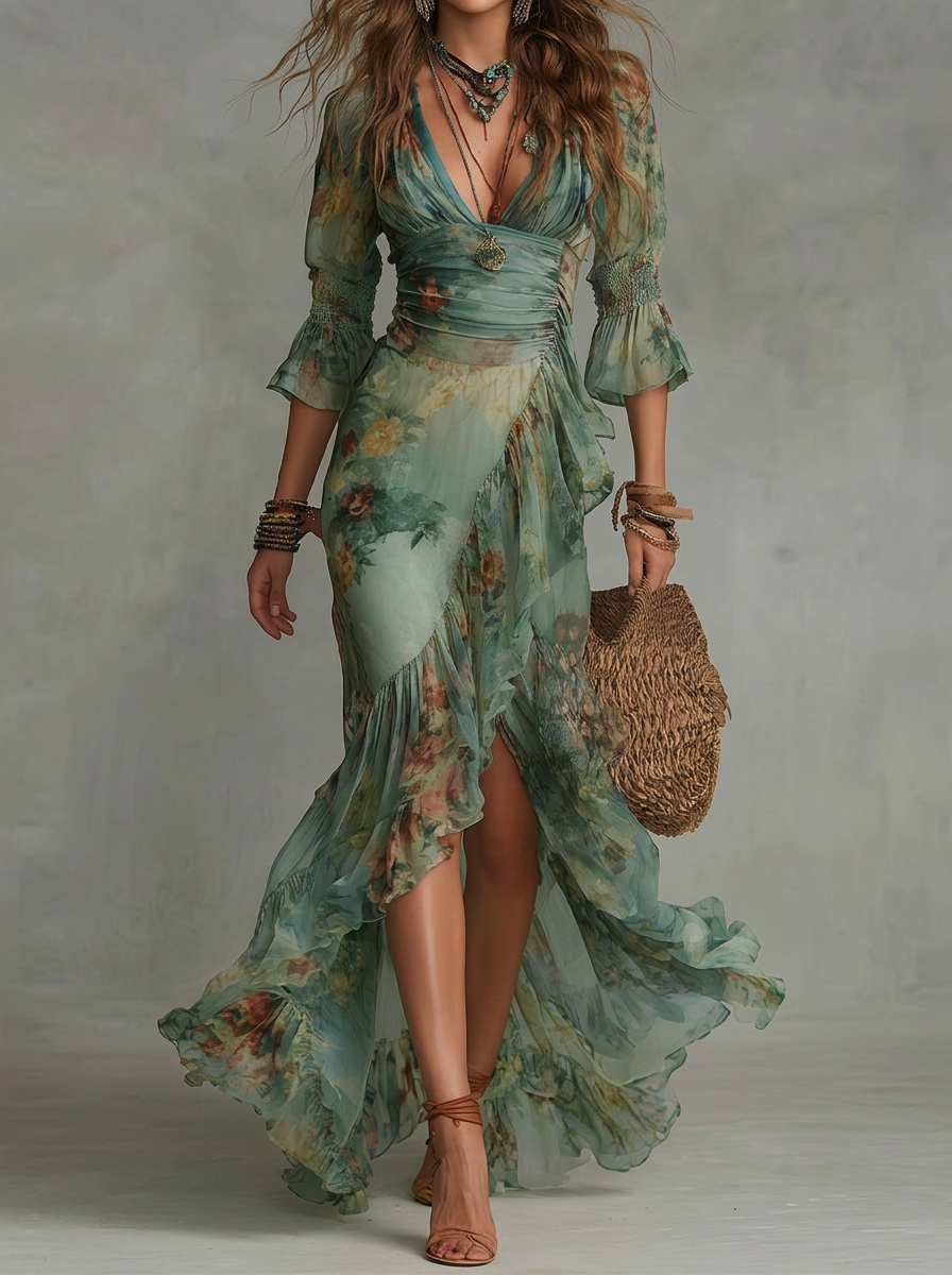 Retro Romantic Floral Wrap Maxi Dress