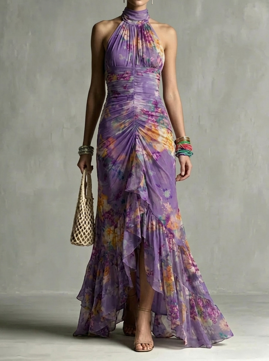 Elegant Collared Off-shoulder Colorful Printed Irregular Dress