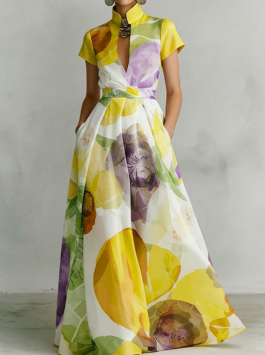 Vacation Floral Print Stand Collar Maxi Dress