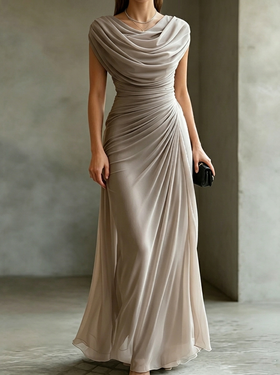 Elegant Pleated Neckline Irregular Dress