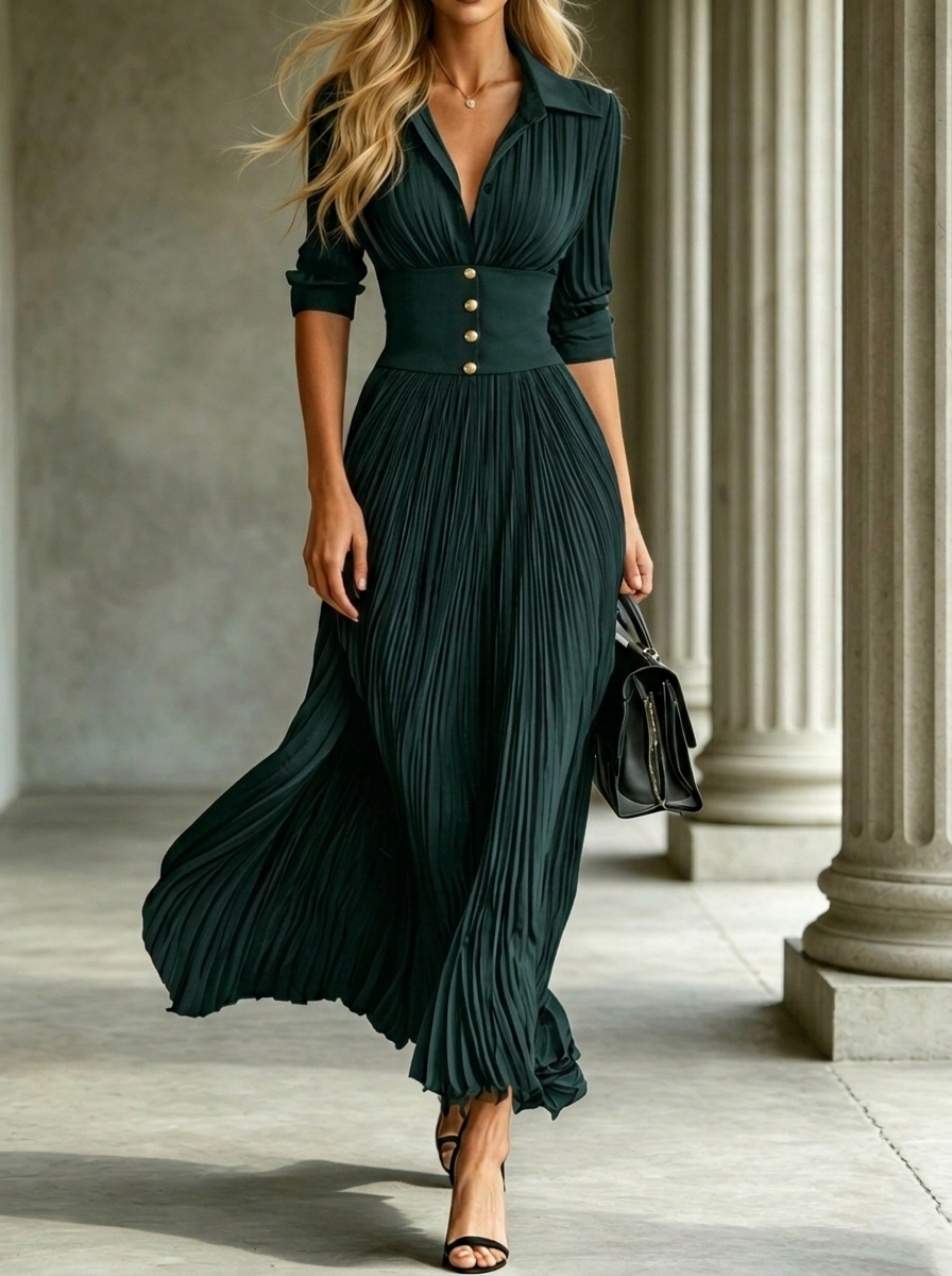 Elegant Pleated Waist Long Dress