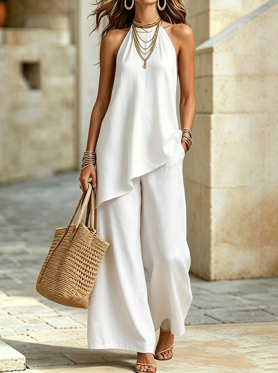 Elegance Halterneck Vest Wide-leg Pants Cotton Linen Two-piece Set