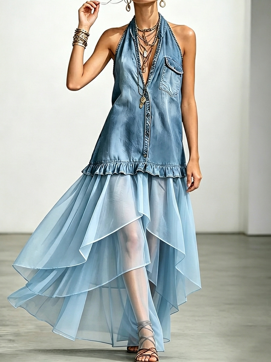 Retro Mesh Irregular Splicing Halter V-neck Maxi Dress