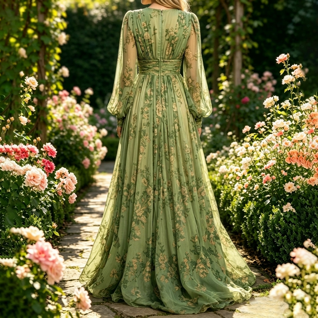 Retro Romantic Floral V-neck Long Sleeve Maxi Dress