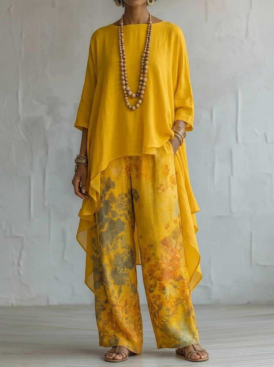 Elegant Flower Print Irregular Shirt And Wide Leg Pants Two Piece Set