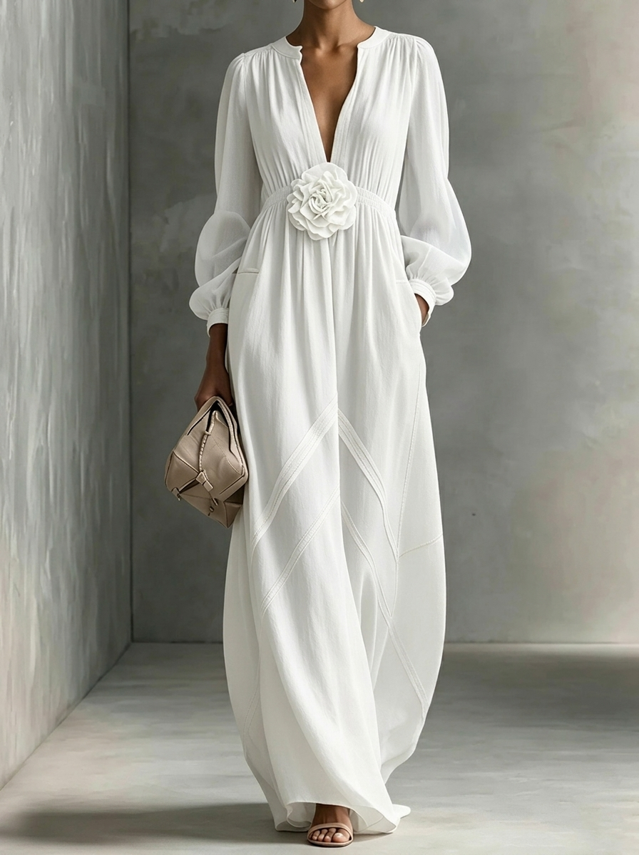 Elegant Three-dimensional Flowers Long Sleeves Dress