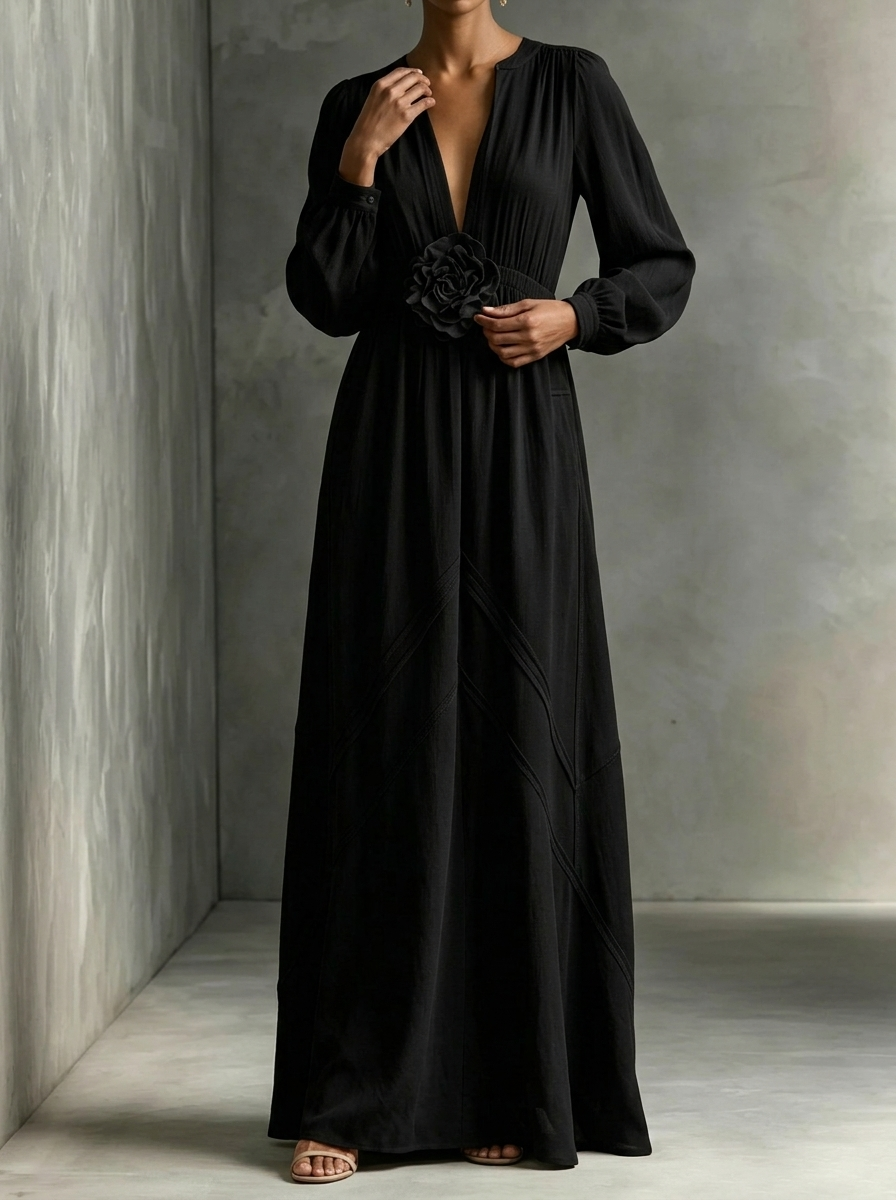 Elegant Three-dimensional Flowers Long Sleeves Dress