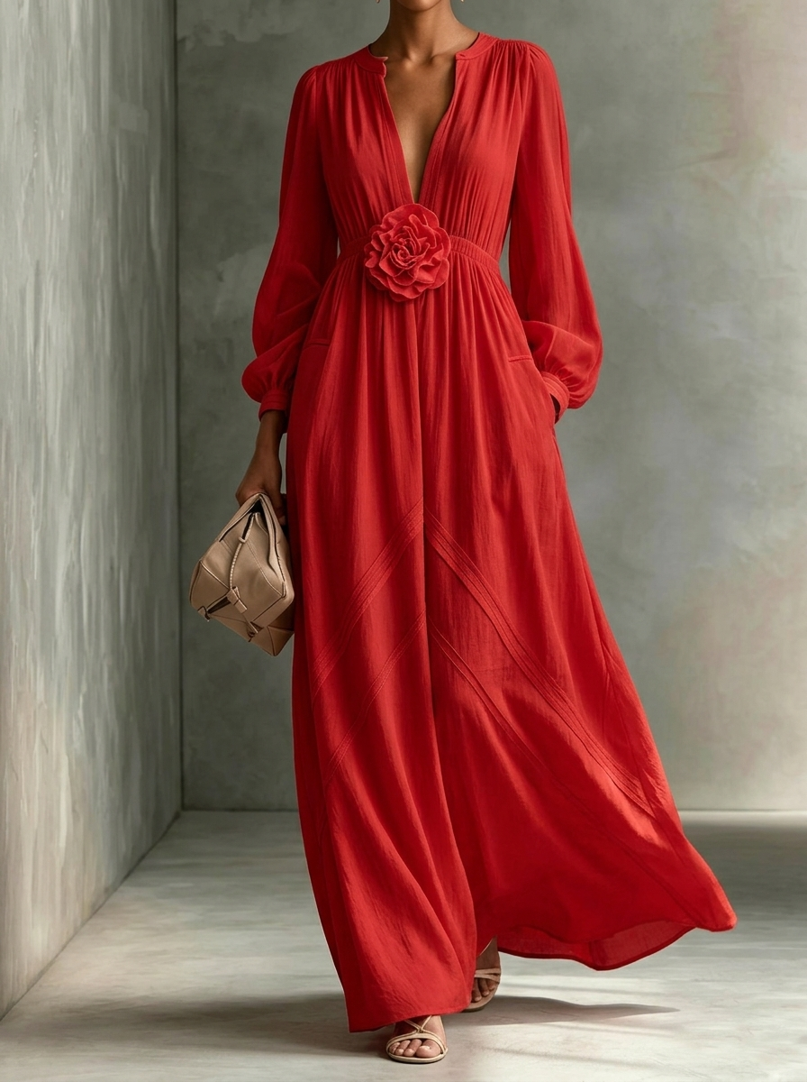 Elegant Three-dimensional Flowers Long Sleeves Dress