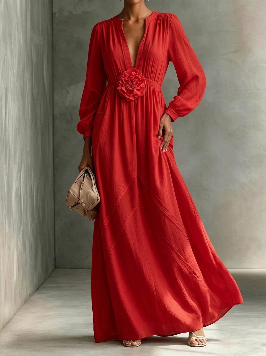 Elegant Three-dimensional Flowers Long Sleeves Dress