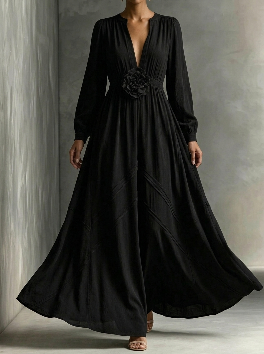Elegant Three-dimensional Flowers Long Sleeves Dress