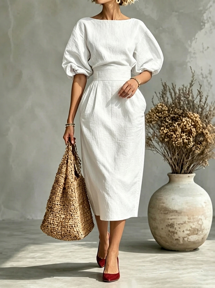 Elegant Pleated Waist Boat Neck A-line Skirt With Puff Sleeves Max Dress