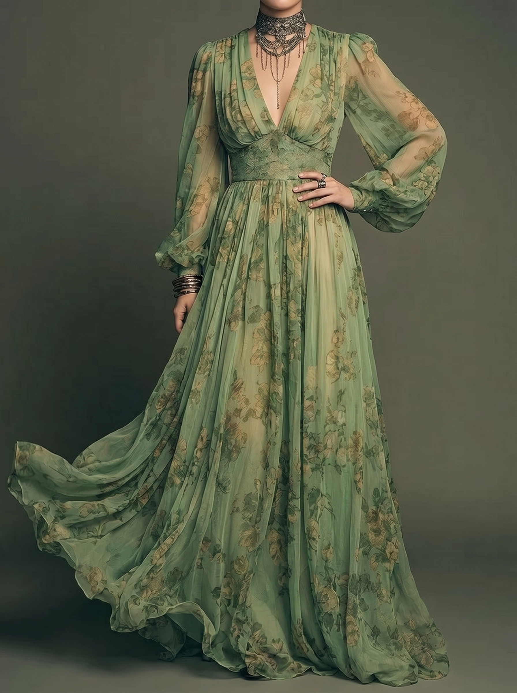 Retro Romantic Floral V-neck Long Sleeve Maxi Dress