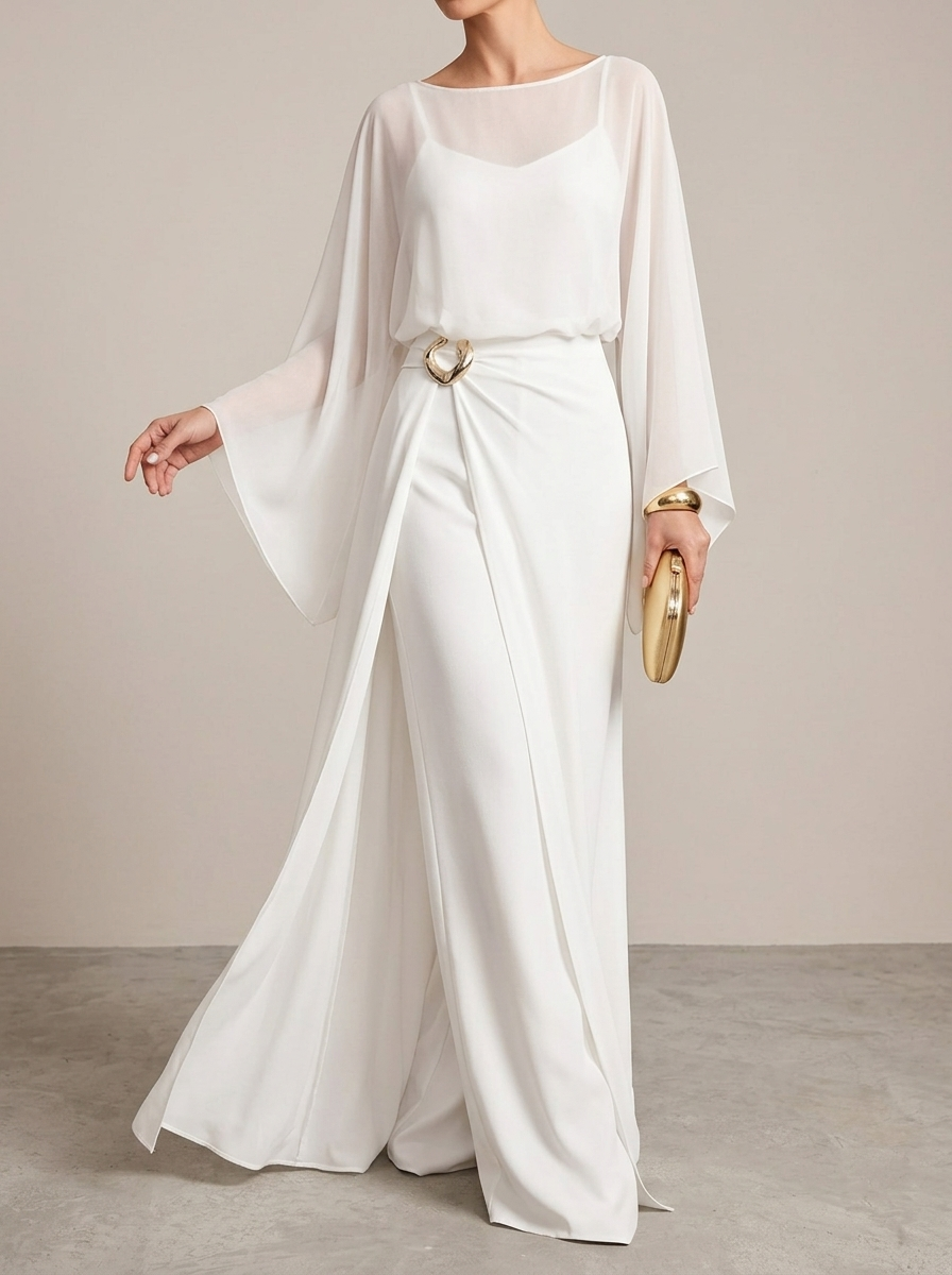 Elegance Commuting Solid Color Long Jumpsuit + Loose Irregular Chiffon Robe Two-piece Set