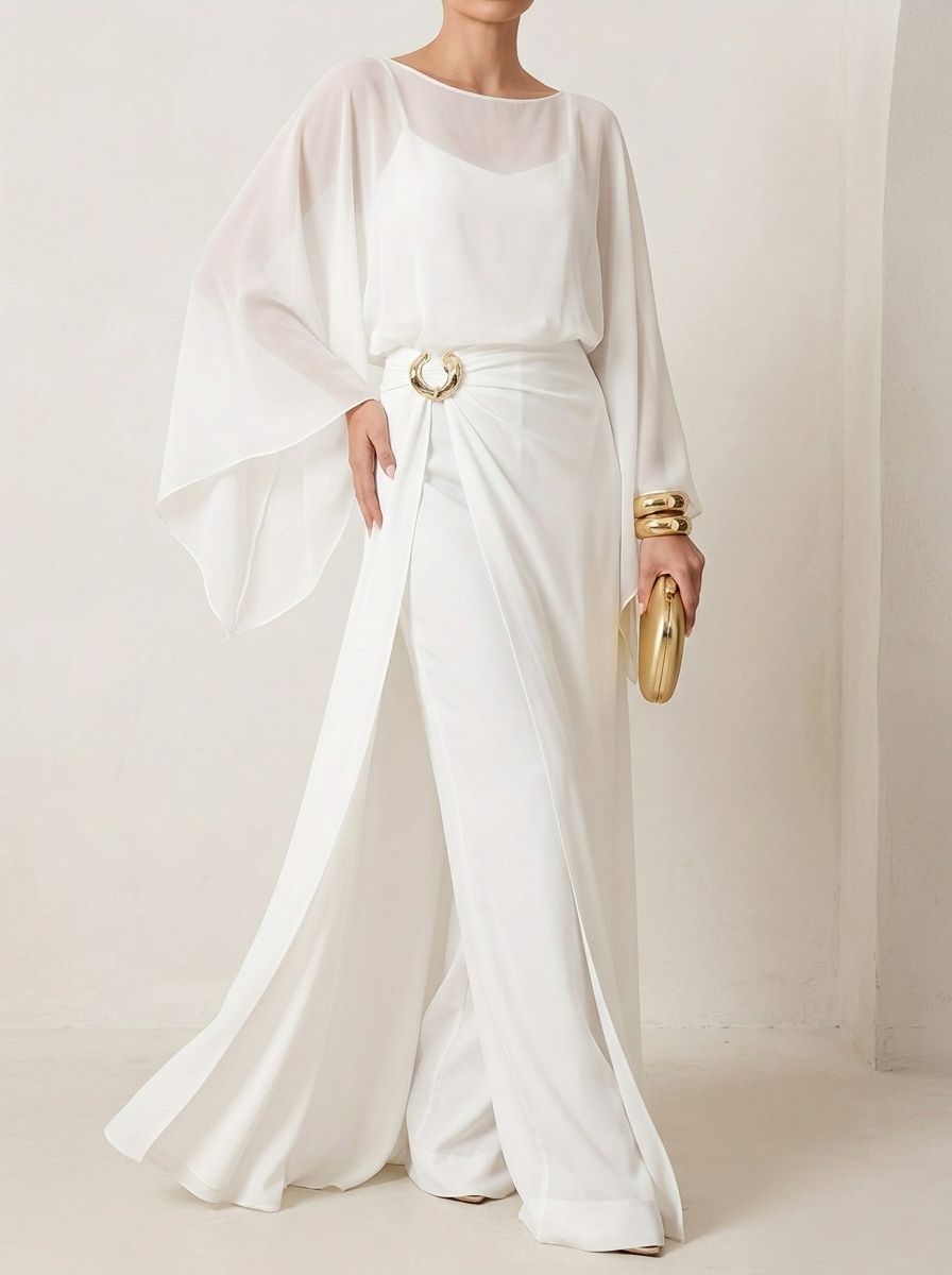 Elegance Commuting Solid Color Long Jumpsuit + Loose Irregular Chiffon Robe Two-piece Set