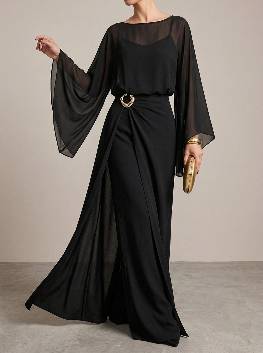 Elegance Commuting Solid Color Long Jumpsuit + Loose Irregular Chiffon Robe Two-piece Set