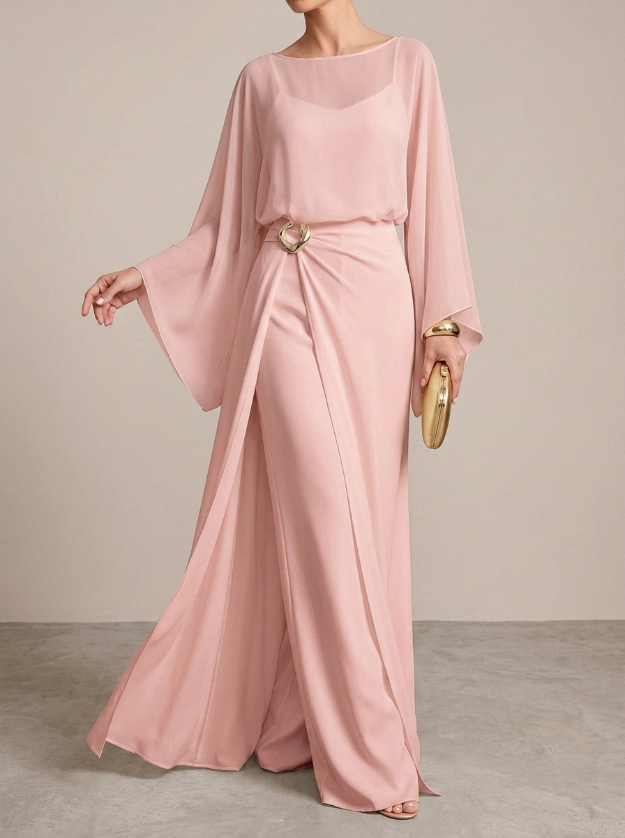 Elegance Commuting Solid Color Long Jumpsuit + Loose Irregular Chiffon Robe Two-piece Set