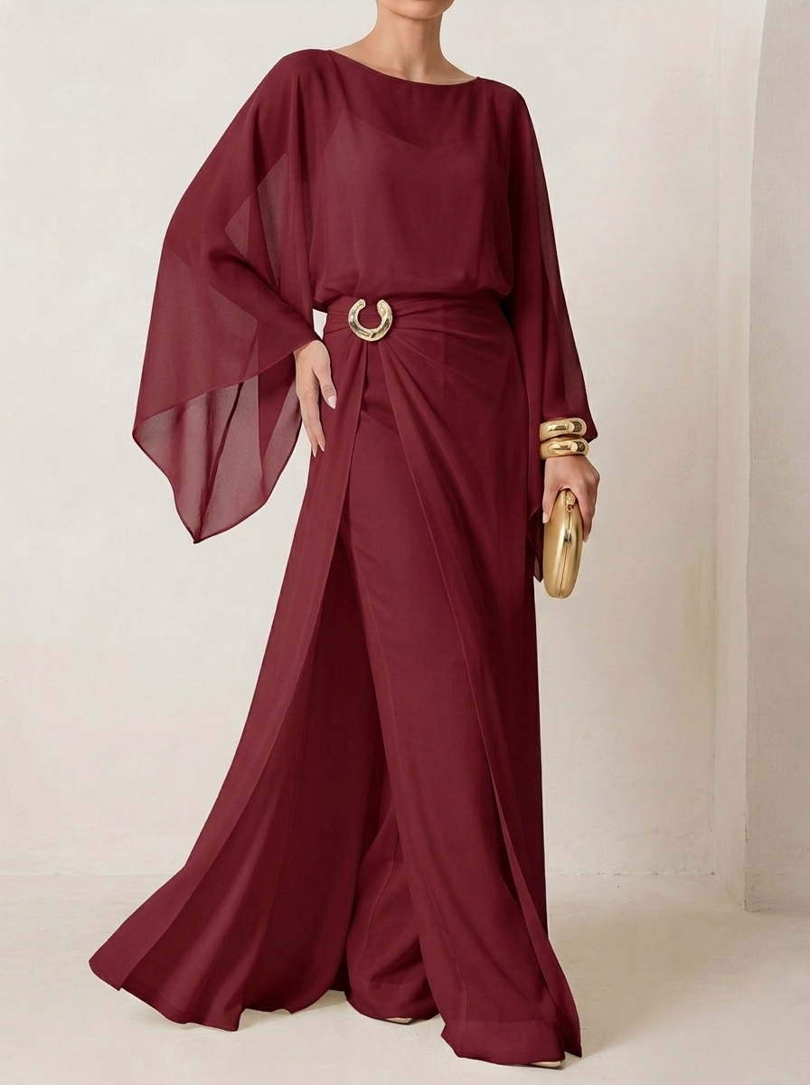 Elegance Commuting Solid Color Long Jumpsuit + Loose Irregular Chiffon Robe Two-piece Set