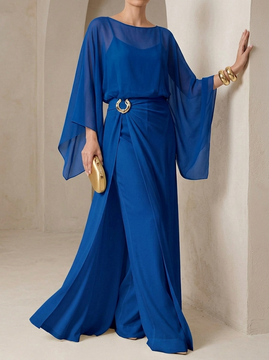 Elegance Commuting Solid Color Long Jumpsuit + Loose Irregular Chiffon Robe Two-piece Set
